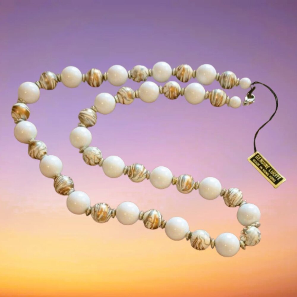 Vintage Lucite Beaded Necklace 22" White Swirled Gold Silver Women's Jewelry